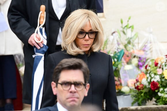 La Première Dame Brigitte Macron - Obsèques du journaliste et homme de lettres Bernard Pivot en l'église du christ à Quincié-en-Beaujolais, France, le 14 mai 2024. 