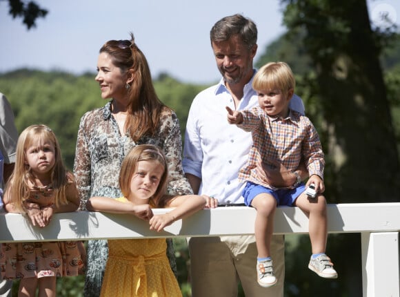 La reine Margrethe de Danemark, le prince Henrik, le prince Frederik, sa femme la princesse Mary, et leurs enfants Christian, Isabella, Vincent et Josephine. Le prince Joachim et sa femme la princesse Marie, et leurs enfants Nikolai, Felix, Henrik et Athena. La princesse Benedikte, son fils le prince Gustav zu Sayn-Wittgenstein et sa compagne Carina Axelsson - La famille royale de Danemark pose dans le parc du palais de Grasten pour la traditionnelle photo de l'année. Le 24 juillet 2014 