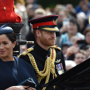 Le prince Harry, duc de Sussex, et Meghan Markle, duchesse de Sussex, première apparition publique de la duchesse depuis la naissance du bébé royal Archie lors de la parade Trooping the Colour 2019, célébrant le 93ème anniversaire de la reine Elisabeth II, au palais de Buckingham, Londres, le 8 juin 2019. 