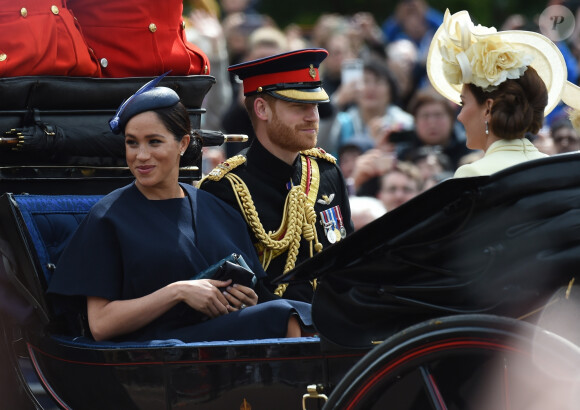 Le prince Harry, duc de Sussex, et Meghan Markle, duchesse de Sussex, première apparition publique de la duchesse depuis la naissance du bébé royal Archie lors de la parade Trooping the Colour 2019, célébrant le 93ème anniversaire de la reine Elisabeth II, au palais de Buckingham, Londres, le 8 juin 2019. 