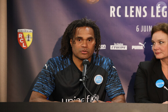 Christian Karembeu lors de la conférence de presse de présentation de la 3ème édition du Match des Héros au profit de l'Unicef, stade Bollaert-Delelis, le 22 avril 2023 à Lens. © Laurent Sanson / Panoramic / Bestimage