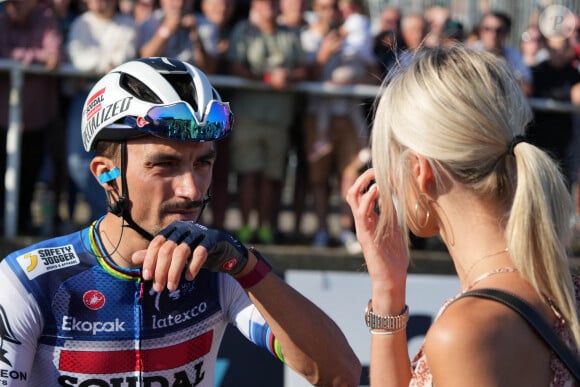 Julian Alaphilippe et Marion Rousse lors de la Bretagne Classic - Ouest-France 2023, course cycliste UCI World Tour le 3 septembre 2023 à Plouay. Laurent Lairys/ABACAPRESS.COM
