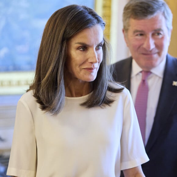 Letizia d'Espagne avait un look particulièrement simple pour sa nouvelle sortie. 
Letizia d'Espagne, Felipe d'Espagne - Réception du président de la Motion Picture Association, Charles H. Rivkin, en voyage en Espagne pour la première fois pour la cérémonie des MPA Awards. Palais de la Zarzuela, Madrid.