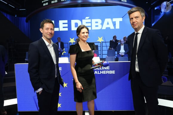 François-Xavier Bellamy (LR), Apolline de Malherbe et Maxime Switek - Elections européennes 2024 : débat entre les têtes de liste sur BFM Tv le 27 mai 2024. © Coadic Guirec / Bestimage