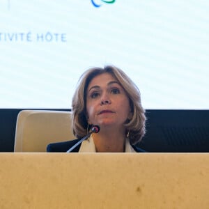 Valérie Pécresse, présidente de la région Ile-de-France, lors de la présentation des infrastructures sportives et des transports pour les jeux olympiques de Paris 2024 au Siège de la région à Saint-Ouen, le 25 mars 2024. © Federico Pestellini / Panoramic / Bestimage