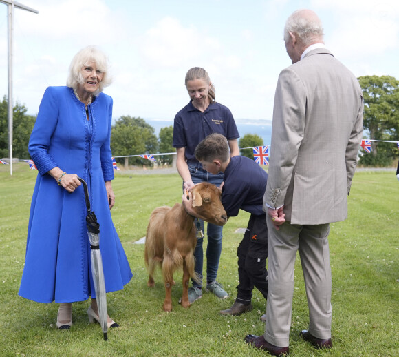 Selon les informations de "Paris Match" ou encore du "Daily Mail", elle souffrait d'une légère entorse, survenue récemment. 
Le roi Charles III d'Angleterre et Camilla Parker Bowles, reine consort d'Angleterre, en visite officielle à Guernesey à Saint-Pierre-Port, le 15 juillet 2024. 