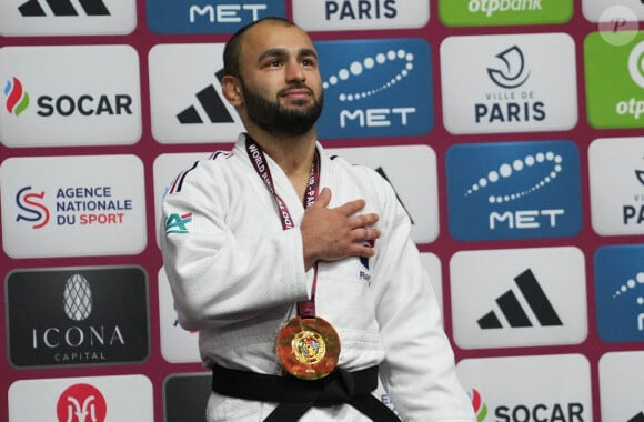 Arrivé en France avec ses parents, il a laissé en Géorgie sa grand-mère, atteinte d'Alzheimer, et ses deux soeurs.
Luka Mkheidze de France Podium - 60 kg Hommes lors du Paris Grand Slam 2024, IJF Judo event le 2 février 2024 à l'Accor Arena à Paris. Laurent Lairys / ABACAPRESS.COM