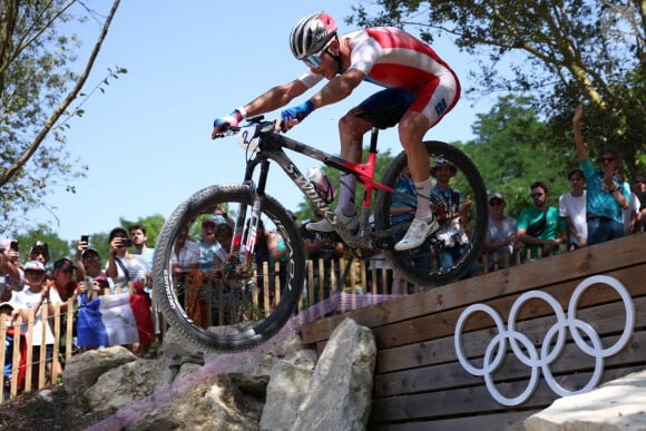 Victor Koretzky lors de l'épreuve de VTT cross country à Elancourt le 29 juillet 2024 lors des JO de Paris 2024. Photo: Jan Woitas/DPA/ABACAPRESS.COM