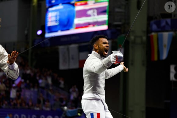 Boladé Apithy pendant les épreuves de sabre aux Jeux olympiques de Paris 2024 au Grand Palais. © Gregory Lenormand / DPPI Media / Panoramic / Bestimage