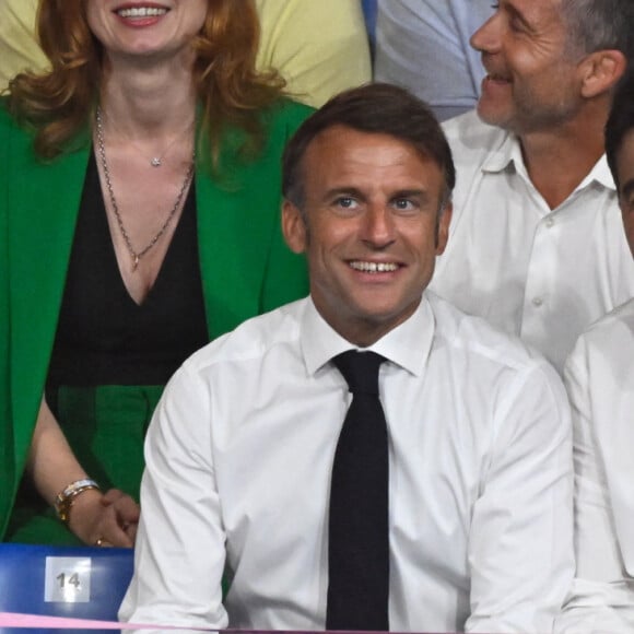 Emmanuel Macron ( président français ) et Stephane Nomis ( président FFjudo ) assistent aux Jeux olympiques de judo 2024 à l'Arena Champ de Mars le 02 août 2024 à Paris, France. © Federico Pestellini / DPPI / Panoramic / Bestimage