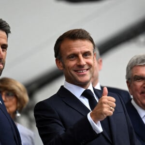 Emmanuel Macron, président de la France, aux côtés de Thomas Bach, président du Comité international olympique, avant la cérémonie d'ouverture des Jeux olympiques d'été de Paris 2024, le 26 juillet 2024. Joël Marklund/PA/ABACAPRESS.COM