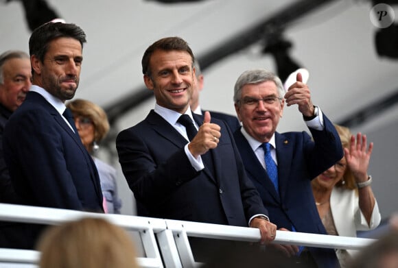 Emmanuel Macron, président de la France, aux côtés de Thomas Bach, président du Comité international olympique, avant la cérémonie d'ouverture des Jeux olympiques d'été de Paris 2024, le 26 juillet 2024. Joël Marklund/PA/ABACAPRESS.COM