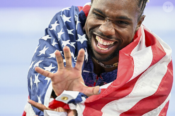 Noah Lyles - Célébrités assistent à la finale homme du 100m au Stade de France lors des Jeux Olympiques de Paris2024 (JO) le 4 aout 2024. © Perusseau-Jacovides/Bestimage