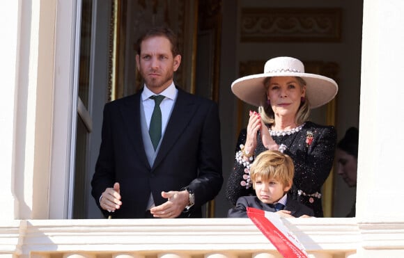 La princesse Caroline de Hanovre, Maximilian Casiraghi, Andrea Casiraghi - La famille princière de Monaco au balcon du palais, à l'occasion de la Fête Nationale de Monaco. Le 19 novembre 2023 © Dominique Jacovides-Bruno Bebert / Bestimage 