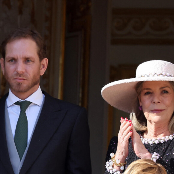 La princesse Caroline de Hanovre, Maximilian Casiraghi, Andrea Casiraghi - La famille princière de Monaco au balcon du palais, à l'occasion de la Fête Nationale de Monaco. Le 19 novembre 2023 © Dominique Jacovides-Bruno Bebert / Bestimage 