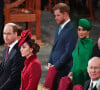 En 2020, les Sussex constamment attaqués par les tabloïds et regrettant le manque de soutien des Windsor, ont claqué la porte de la monarchie anglaise. 
Le prince William, duc de Cambridge, et Catherine (Kate) Middleton, duchesse de Cambridge, Le prince Harry, duc de Sussex, Meghan Markle, duchesse de Sussex - La famille royale d'Angleterre lors de la cérémonie du Commonwealth en l'abbaye de Westminster à Londres le 9 mars 2020. 