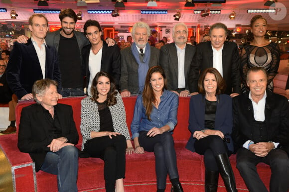 Roman Polanski, Michel Leeb, sa femme Béatrice, leurs filles Elsa et Fanny, Tom Leeb, Kevin Levy, Guy Savoy, Michel Drucker, Lisa Simone - Enregistrement de l'émission "Vivement Dimanche" à Paris, le 7 janvier 2015.