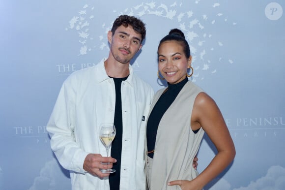 Exclusif - Vaimalama Chaves (Miss France 2019) et son fiancé Nicolas Fleury lors de l'ouverture du rooftop de l'hôtel The Peninsula Paris le 29 mai 2024. © Rachid Bellak / Bestimage