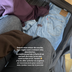 "Depuis mon retour de couche, mes règles sont vraiment très abondantes. Ce matin, je partais à Paris et en sortant du train, j'ai eu une contraction et là : torrent", a-t-elle rapporté.
Camille Cerf raconte sa dernière mésaventure en story Instagram.