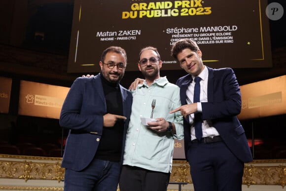 Grand Prix du Public 2023 à "NHOMe" - Paris par Matan Zaken - Parrain - Christian Le Sqer Stéphane Manigold Président du Groupe "Eclore", Chroniqueur dans l'émission "Les Grandes Gueules" sur RMC, Matan Zaken et Damien Rodière, Directeur Général The Fork Europe de l'Ouest lors de la cérémonie des TheFork Awards 2023, premier prix food 100% digital décerné par le grand pubic à l'Opéra de Lille, France, le 13 novembre 2023. © Jean-Marc Lhomer/Bestimage