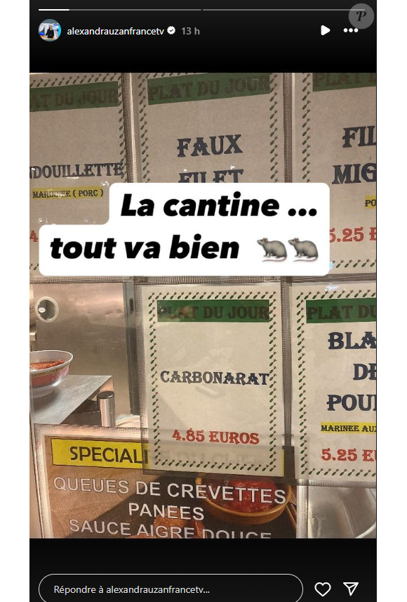 Et alors qu'elle souhaitait se restaurer à la cantine de France Télévisions, elle a eu la surprise de voir des "'carbonarat" proposées au menu !
Alexandra Uzan partage une petite erreur de la cantine de France Télévisions.