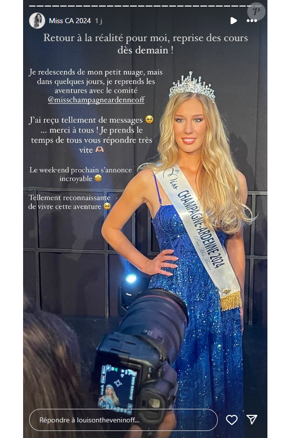 C'est ainsi Louison Thevenin qui portera les couleurs de la Champagne-Ardenne.
Louison Thevenin, Miss Champagne-Ardenne 2024 en route pour Miss France 2025.