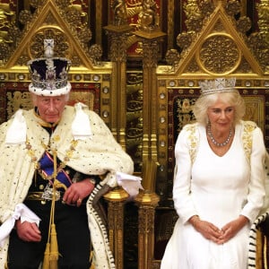 Le roi Charles III d'Angleterre et Camilla Parker Bowles, reine consort d'Angleterre, au Palais de Westminster lors de l'ouverture officielle du Parlement britannique. Londres, le 17 juillet 2024.  