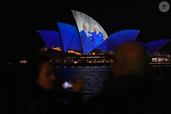 Des images sont projetées sur l'Opéra de Sydney après l'arrivée du roi Charles III et de la reine Camilla à Sydney pour entamer leur tournée en Australie et aux Samoa. Le 18 octobre 2024. Photo par Aaron Chown/PA Wire/ABACAPRESS.COM