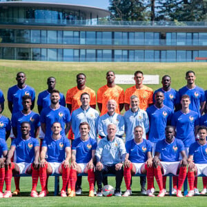 Theo Hernandez, Randal Kolo Muani, Ferland Mendy, Brice Samba, Mike Maignan, Alphonse Areola, Youssouf Fofana, William Saliba, Bradley Barcola, Jules Koundé N'Golo Kanté, Kingsley Coman, Olivier Giroud, Guy Stéphan, Marcus Thuram, Benjamin Pavard, Jonathan Clauss, Ousmane Dembélé Ibrahima Konaté, Eduardo Camavinga, Adrien Rabiot, Antoine Griezmann, Didier Deschamps, Kylian Mbappé, Dayot Upamecano, Warren Zaïre-Emery, Aurélien Tchouameni - Photo Officielle de l'Equipe de France de football de l'Euro 2024 à Clairefontaine le 7 juin 2024. 