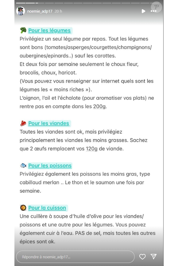 Noémie s'est également attardée sur les légumes, les viandes et les poissons à privilégier ainsi que sur leurs cuissons.
Noémie (L'amour est dans le pré) partage ses astuces pour opérer un bon rééquilibrage alimentaire. Instagram