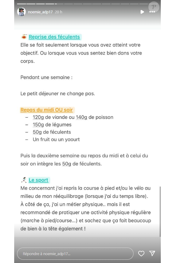 Enfin, Noémie n'oublie pas l'importance du sport dans son nouveau quotidien.
Noémie (L'amour est dans le pré) partage ses astuces pour opérer un bon rééquilibrage alimentaire. Instagram