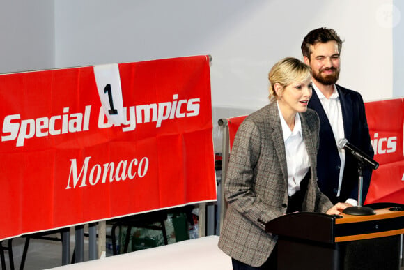 Exclusif - La princesse Charlene de Monaco et Pierre Klaveren, le président de Special Olympics Monaco - La princesse Charlene de Monaco a présidé la cérémonie d'ouverture du meeting européen de natation " Princesse Charlène " organisé par Special Olympics Monaco au Centre Nautique Albert II à Monaco. Le 26 octobre 2024. © Claudia Albuquerque / Bestimage 