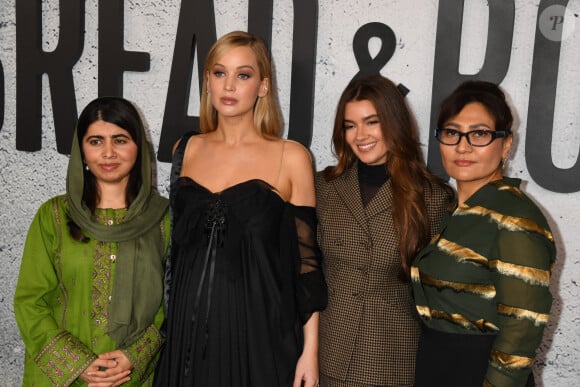 Malala Yousafzai (Pakistani women's activist and Nobel Peace Prize winner at age 17), Jennifer Lawrence (pregnant) and documentary producer, Justine Ciarrocchi and Sahra Mani at the LA premiere of Bread & Roses at the Hammer Museum on November 14, 2024 in Los Angeles, California, Credit: Jeffrey Mayer/MediaPunch