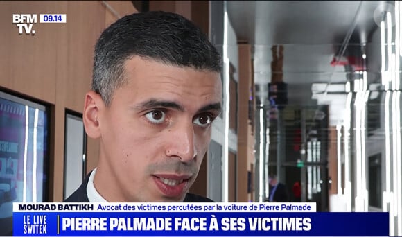 Mourad Battikh, avocat des victimes de l'accident de Pierre Palmade au tribunal de Melun pour son procès pour blessures involontaires à la suite d'un accident de la route en février 2023, le 20 novembre 2024. © BFM TV via Bestimage