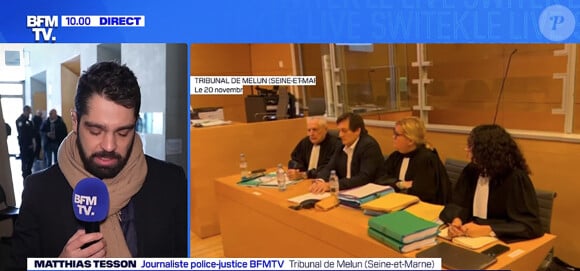 Pierre Palmade au tribunal de Melun avec ses avocats pour son procès pour blessures involontaires à la suite d'un accident de la route en février 2023 dans lequel sa voiture a percuté un autre véhicule à Melun le 20 novembre 2024. © BFM TV via Bestimage