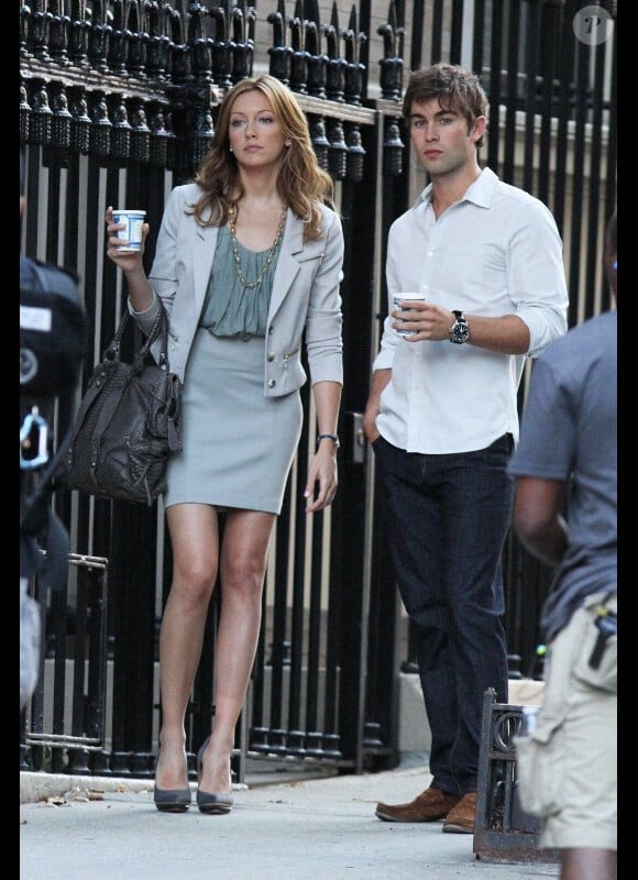 Katie Cassidy et Chace Crawford sur le tournage de Gossip Girl, le 26 juillet 2010