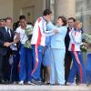 Nicolas Sarkozy, Roselyne Bachelot et Rama Yade ont reçu l'équipe de France d'athlétisme à l'Elysée, à Paris, le 3 août 2010.