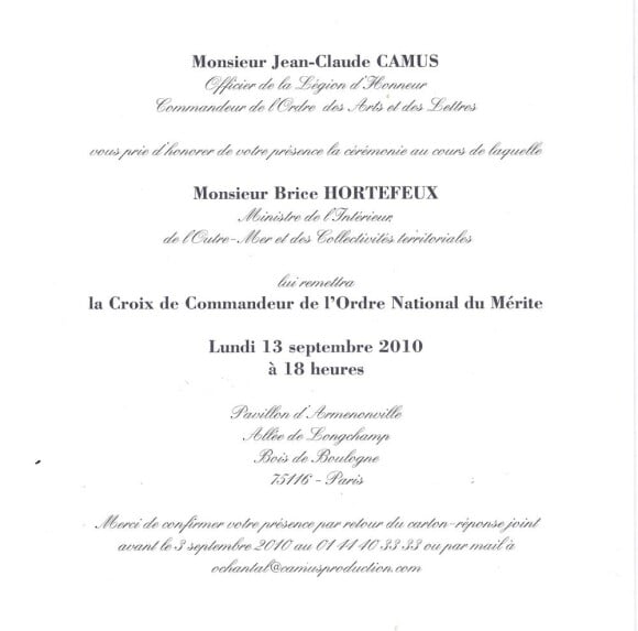 Invitation à la remise de récompense de Jean-Claude Camus, le 13 septembre. Cérémonie annulée...