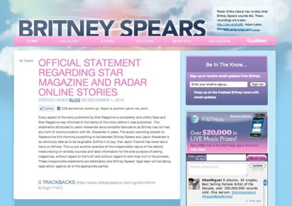 La déclaration de Britney Spears sur son site officiel.