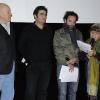 Michel Piccoli, Romain Goupil, Patrick Mille et Agnès Varda lors de la projection du film Hors jeu à Paris en soutien au réalisateur Jafar Panahi le 1er février 2011