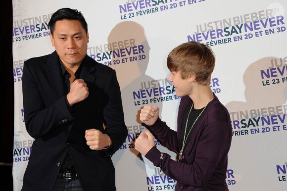 Jon Chu et Justin Bieber présentent le long métrage Never Say Never, au Grand Rex, à Paris, le 17 février 2011.