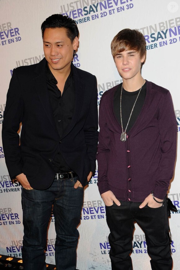 Jon Chu et Justin Bieber présentent le long métrage Never Say Never, au Grand Rex, à Paris, le 17 février 2011.