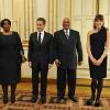 Le président Nicolas Sarkozy, son épouse Carla Bruni, le président sud-africain Jacob Zuma et son épouse lady Tobeka Madibaprior lors du dîner avec l'invité d'honneur le président d'Afrique du sud, à l'Elysée le 2 mars 2011 à Paris
 