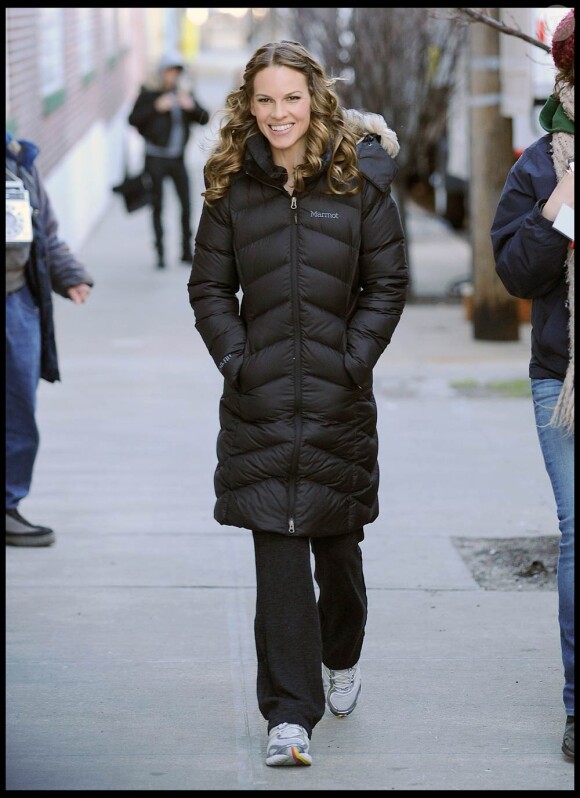 Hilary Swank sur le tournage de New Year's Eve, dans le quartier du Queens, à New York, le 7 mars 2011.