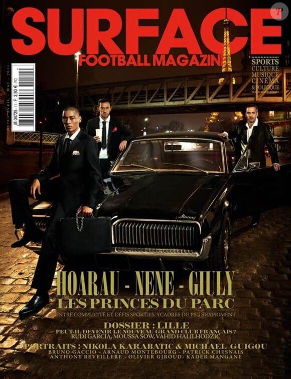 Les joueurs du PSG Guillaume Hoarau, Ludovic Giuly et Nenê en couverture du nouveau numéro de Surface, en kiosques le 18 mars.