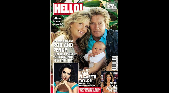Rod Stewart, Penny Lancaster et le petit Aiden en couverture de Hello