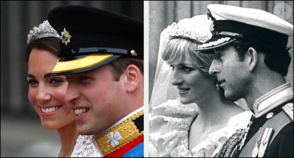30 ans après, rapprochements visuels entre deux mariages fondamentalement différents... et connectés par la regrettée princesse Diana. En juillet 1981, elle épousait le prince Charles en la cathédrale Saint-Paul. Le 29 avril 2011, William, le fruit de leur mariage, passait l'alliance au doigt de Catherine Middleton...