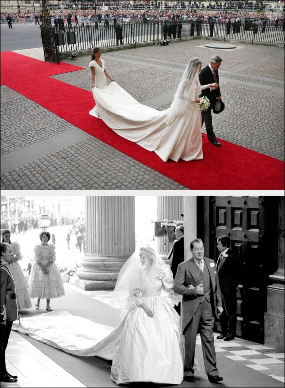 A 30 ans d'intervalle, rapprochements visuels entre deux mariages fondamentalement différents... et connectés par la regrettée princesse Diana. En juillet 1981, Diana Spender arrivait à la cathédrale Saint-Paul. Le 29 avril 2011,  Catherine Middleton s'est présentée à l'abbaye de Westminster.