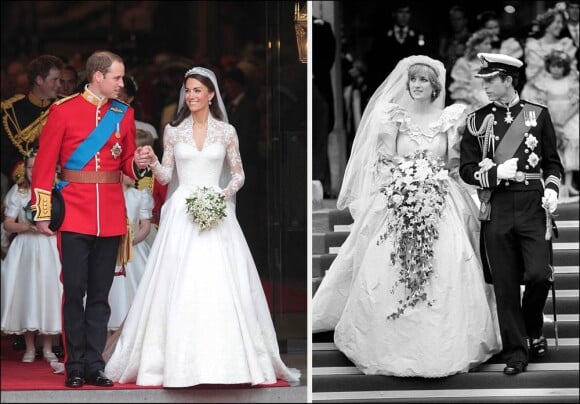 A 30 ans d'intervalle, rapprochements visuels entre deux mariages fondamentalement différents... et connectés par la regrettée princesse Diana. Des marches de la cathédrale Saint-Paul (juillet 1981 - à droite) à celles de l'abbaye de Westminster (avril 2011).