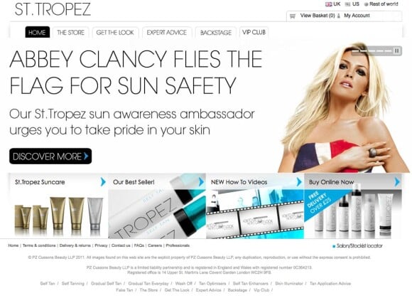 Le site de la marque d'auto-bronzants St. Tropez, www.st-tropez.com, avec la sublime Abbey Clancy pour ambassadrice.